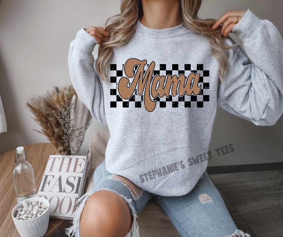 Checkered Mama Brown Font Gildan Sweater